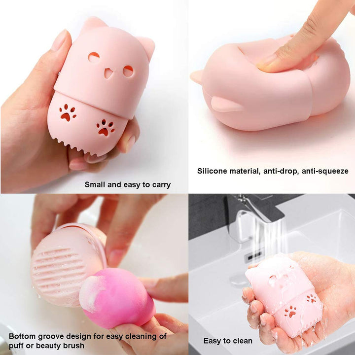 Makeup Sponge Container, Makeup Sponge Holder and Makeup Sponge With Cute Silicone Sponge Travel Carrying Case Set(3PCS)