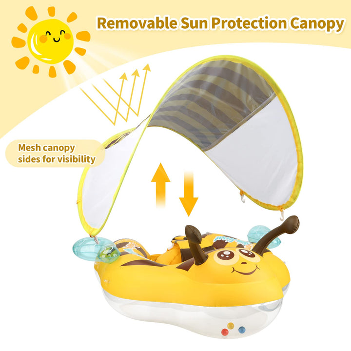Inflatable Baby Pool Float Ring Size Improved Bumble Bee Toddler Swim Trainer with Canopy for Age of 3-36 Months (Yellow, Large)