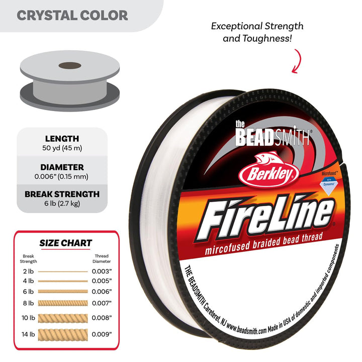 Fireline by Berkley – Micro-Fused Braided Thread – 6lb. Test, 006”/.15mm Diameter, 50 Yard Spool, Crystal Color – Super Strong Stringing Material for Jewelry Making and Bead Weaving