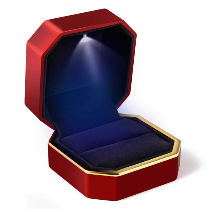 Luxury Ring Box, Square Velvet Wedding Ring Case Jewelry Gift Box with LED Light for Proposal Engagement Wedding, Red