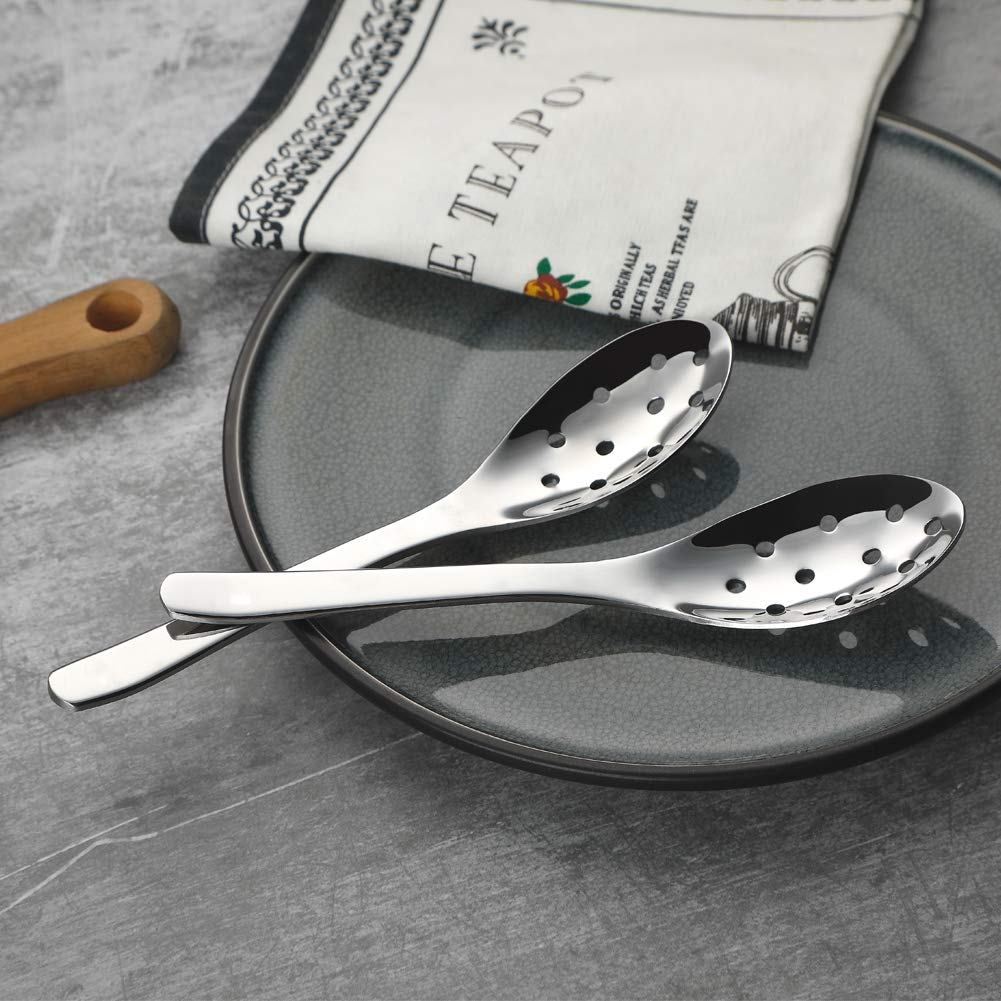 Small Slotted Spoons,Modern Stylish Thick Heavy-weight Short handle Stainless Steel 10 Holes Durable Caviar Spoon for Soup Cereals Dips Curry Sauces Stews, Set of 2