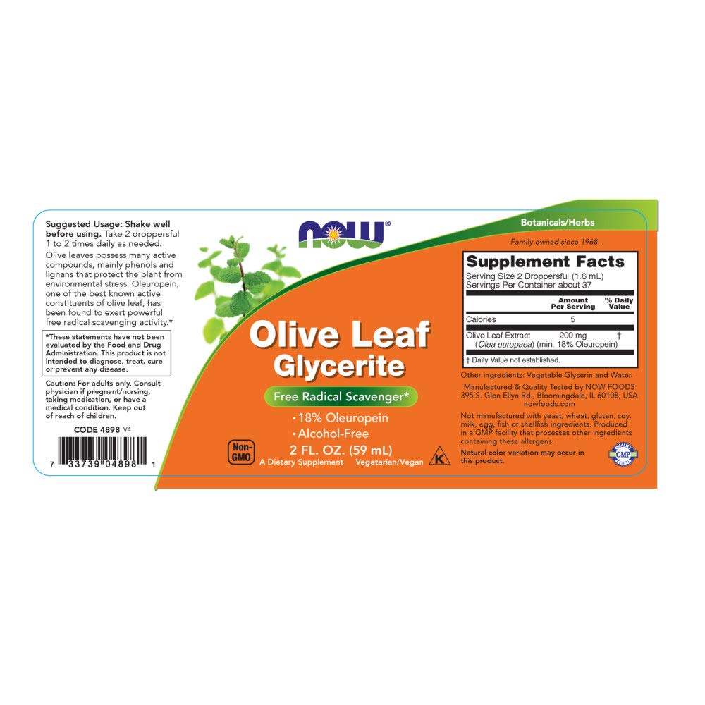 NOW Foods Supplements, Olive Leaf Glycerite Liquid, 18%