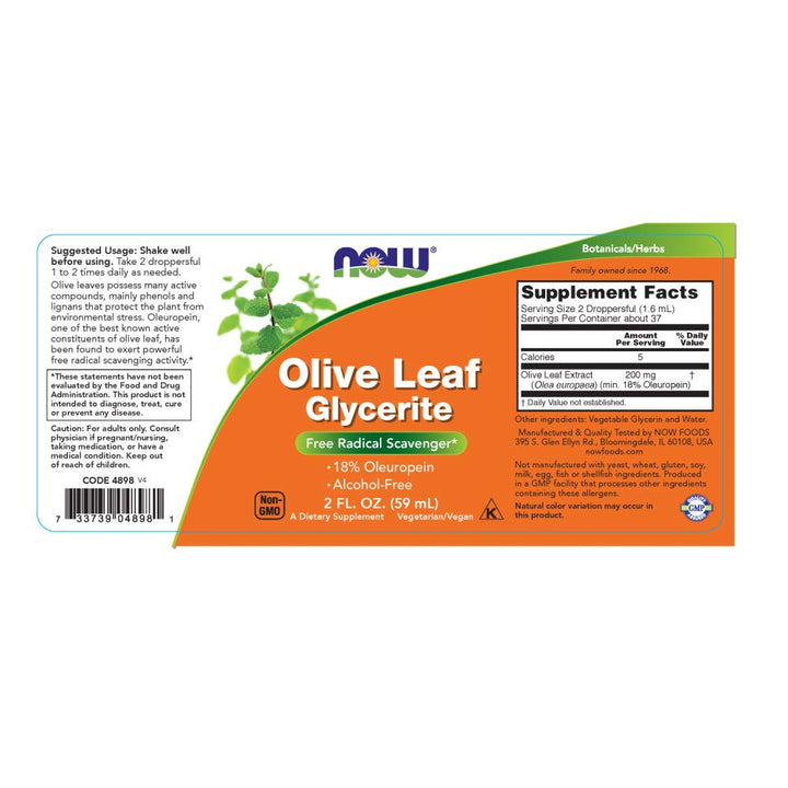 NOW Foods Supplements, Olive Leaf Glycerite Liquid, 18%