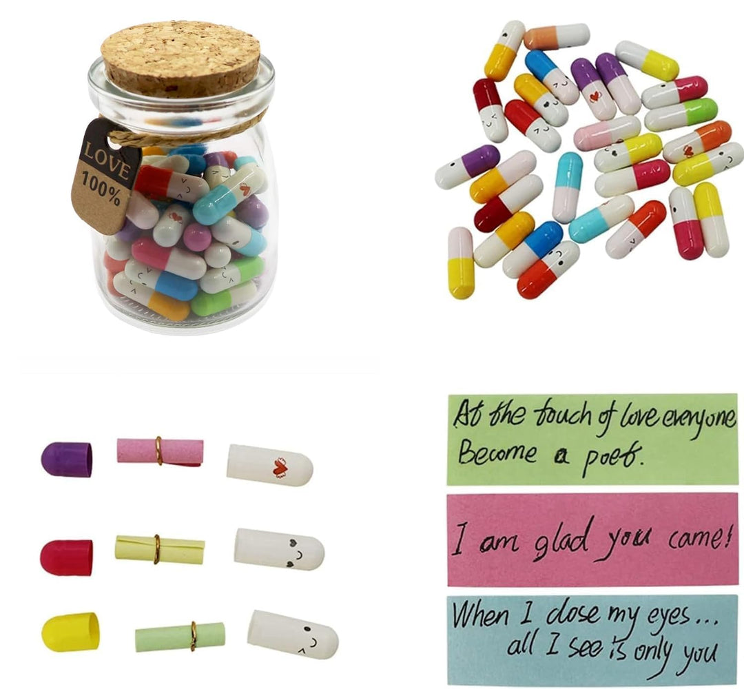 50Pcs Capsule Letters Message in a Glass Bottles, Cute Smiling Face Love Friendship Letter Colors Pill with Wishing Bottle, Message Pills for Boyfriend Girlfriend Lovers Family