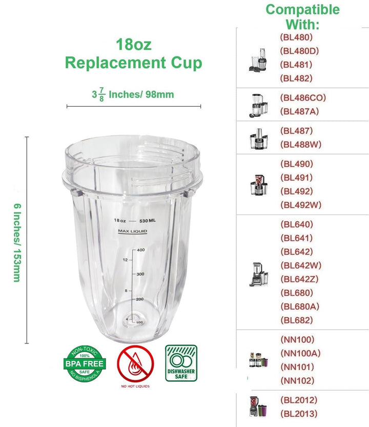 18 Ounce Small Cup Jar with Sip N Seal Lids - Replacement Cup Compatible with Nutri Ninja Auto-iQ 1000w Series and Duo Blenders - Premium Blender Cups Replacement (2 Pack)