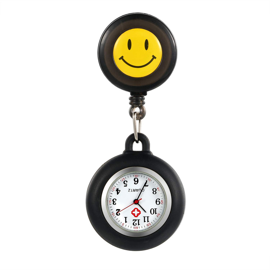 Retractable Nurse Watches with Second Hand Clip-on Hanging Lapel Silicone Jelly Fob Pocket Watch Cute Cartoon Smile Round Face Arabic Markers for Doctor Nurses Women and Men