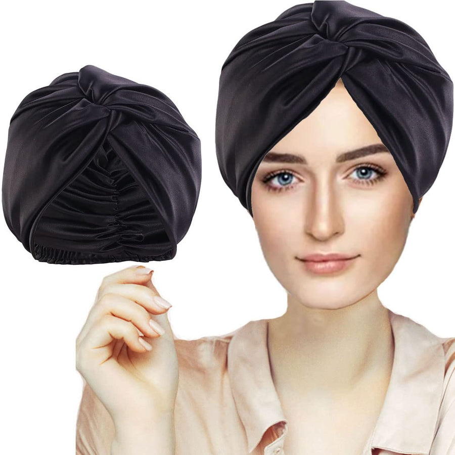 2021 New Silk Sleeping Cap for Women Hair Care Hair Cap, Imitation Silk Night Hair Bonnet for Sleeping, Double Layer Silky Head Scarf Hat for Sleeping with Elastic Band (Black)
