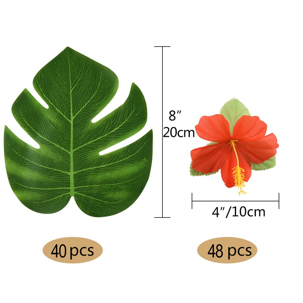 88 Pcs 20cm/8 Tropical Palm Leaves and Silk Hibiscus Flowers Party Decor, Artificial Monstera Plant Leaves Flowers Hawaiian Luau Party Jungle Beach Theme BBQ Birthday Party Decorations Supplie