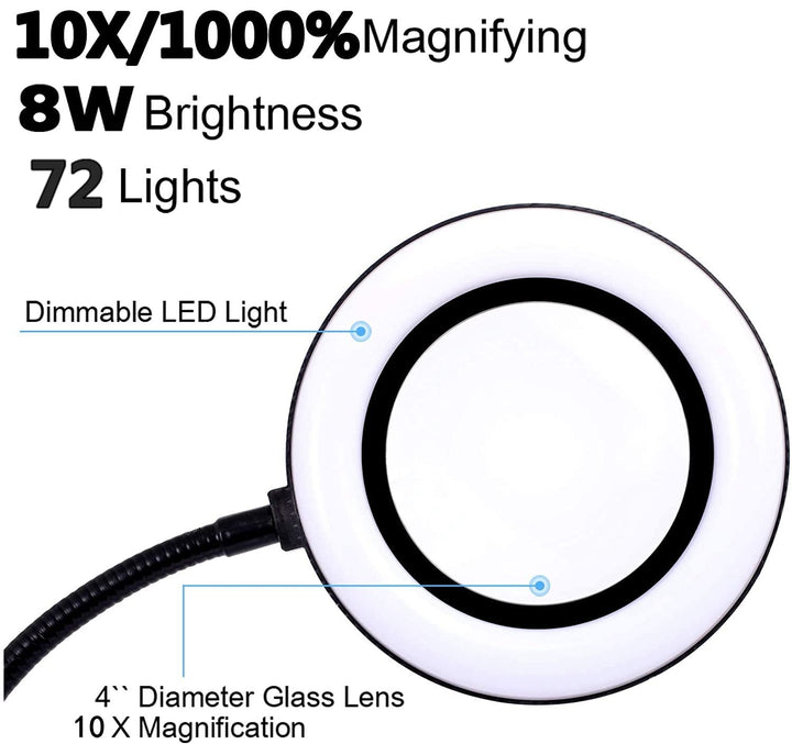 10X Magnifying Glass Lamp with Light Magnifier Light with Clip, Adjustable Flexible Gooseneck, 3 Color Modes Magnifying Lamp with USB Powered, Perfect for Daily Hobbies Repairing, Reading, Crafts