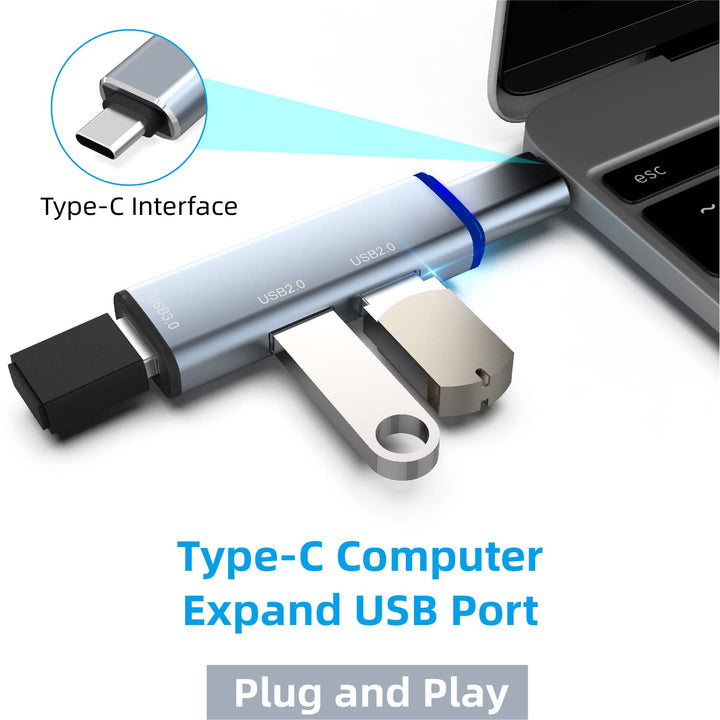 USB 3.0 Hub Splitter, 3-Port Data USB Hub Extender with USB C Adapter Applicable for iMac Pro, MacBook Air, Mac Mini/Pro, Surface Pro, Notebook PC, Laptop, USB Flash Drive, grey (106)