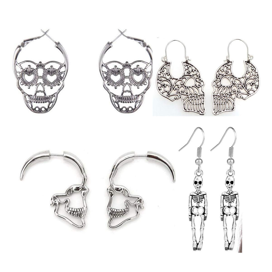 4 Pairs Halloween Skull Skeleton Earrings Hollow Skull Face Hoop Stud Earrings Punk Style Gothic Scary Silver Drop Dangle Earrings for Men Women Jewelry Accessory