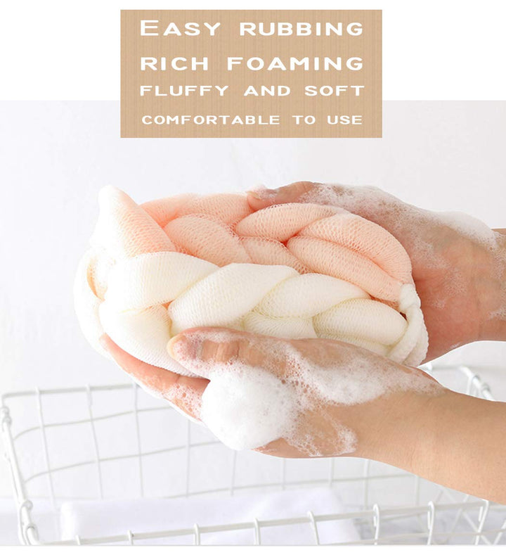 4 Packs Long Stretch Back Sponge with Rope Handles Back Scrubber Bath Shower Mesh Sponge Exfoliating Body Scrub Stretch Braided Loofah for Men and Women (1 White+1 Grey+1 Pink+1 Lotus Pink