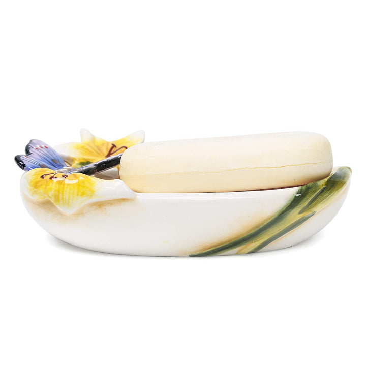 Ceramic Soap Dish Holder, for Bathroom,Tub and Kitchen Sink,3D Butterfly and Lily Design