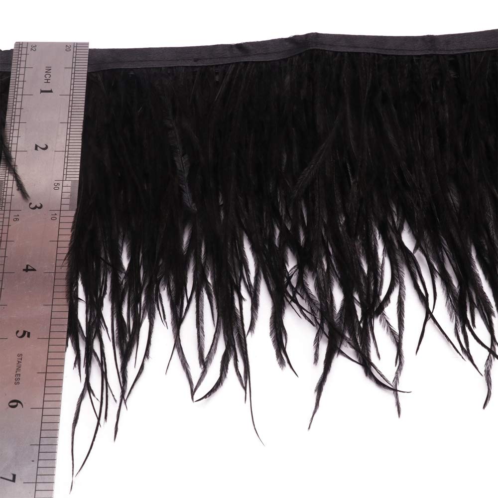Ostrich Feathers Sewing Fringe Trim Ribbon for Crafts Clothes Accessories Latin Wedding Dress DIY 2 Yards 4-6inch Width (Black)
