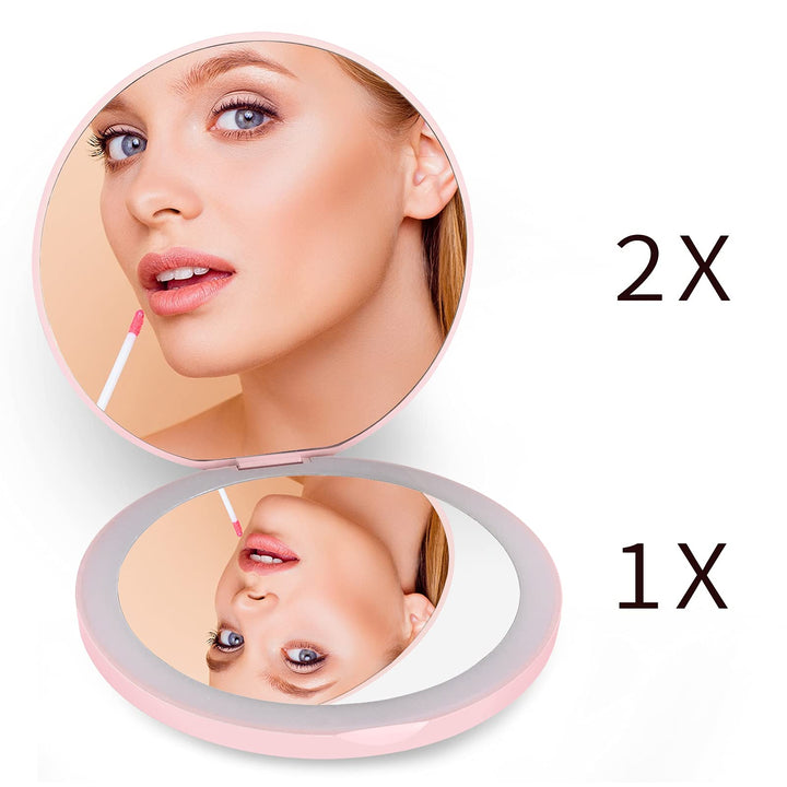 Yiculkw Compact Travel Mirror LED Travel Makeup Mirror, 3.5 inch Rechargeable led Lighted Makeup Mirror, 2X Magnification, Handheld, Double Sided, Portable Folding Mirror for Pocket, Purse, Gift