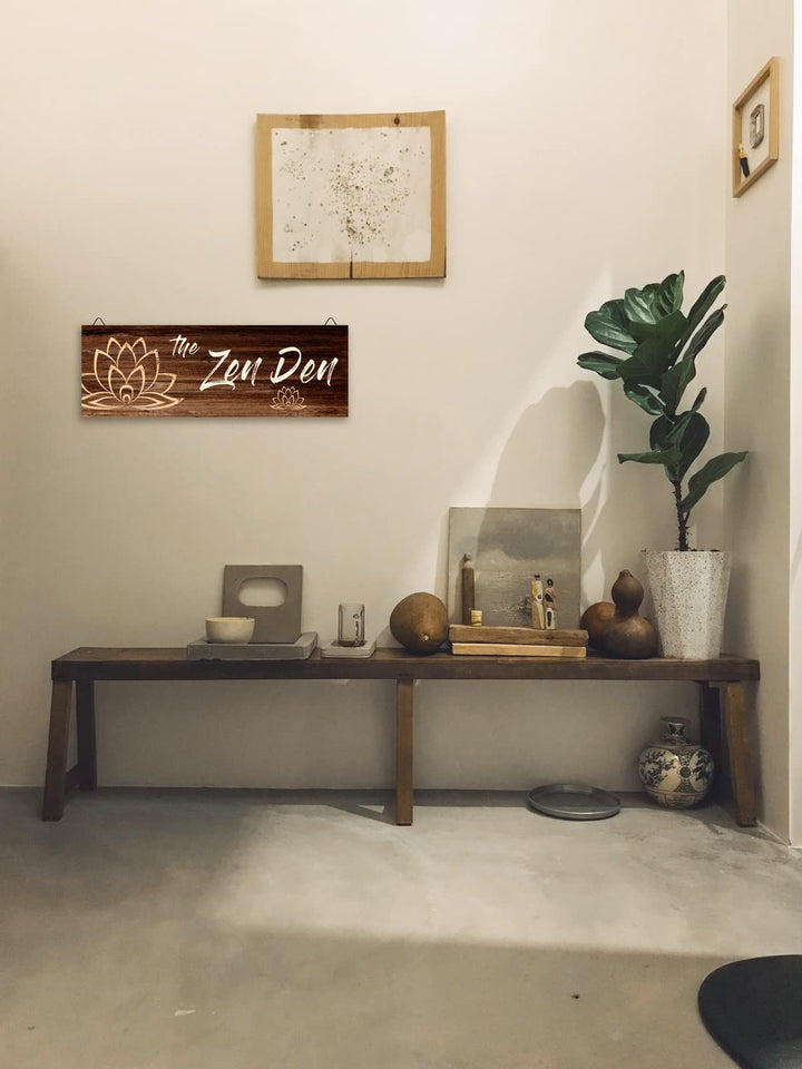 The Zen Den Wooden Wall Sign, 13.7 x 4.7 Inches Hippie Room Decoration with Hooks, Hanging Meditation Accessories Decor for Chakra, Spiritual Room Accents