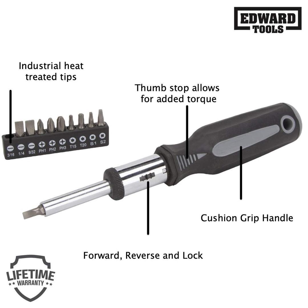 11 in 1 Screwdriver - Multi Tool Heavy Duty Ratchet Screwdriver with industrial multi bits and organizer - Thumb stop for added torque - Cushion Grip