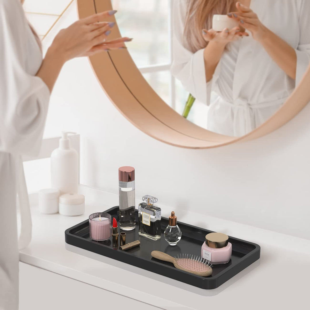 Bathroom Vanity Tray for Countertop - Bamboo Organizer Tray for Dresser Tops, Toilet, Perfume Small Decorative Tray Wood Tray for Home Decoration 11.81” L x 6.1” W x 0.79” H (Black)