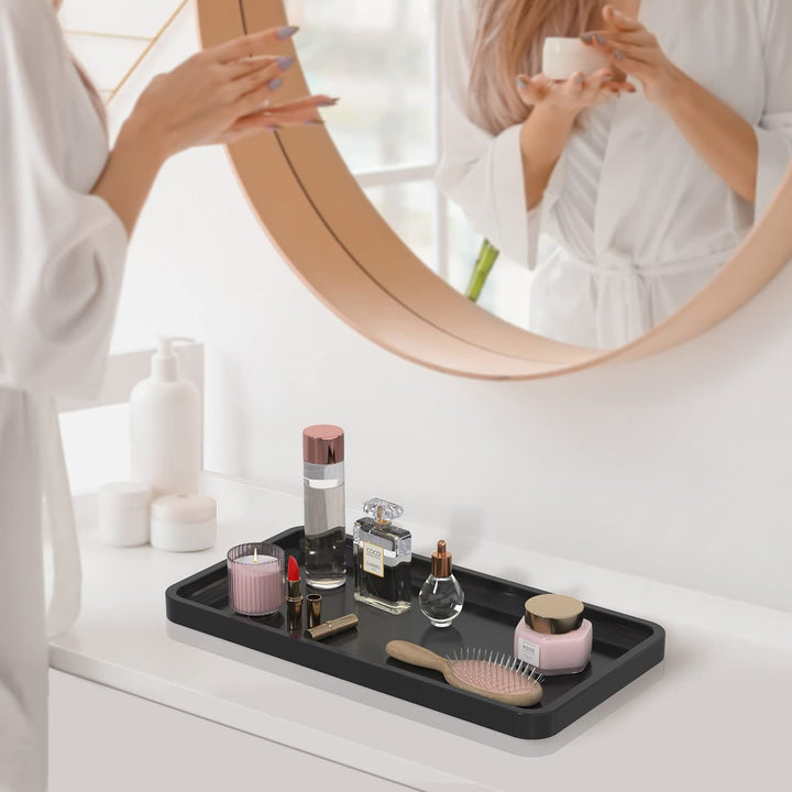 Bathroom Vanity Tray for Countertop - Bamboo Organizer Tray for Dresser Tops, Toilet, Perfume Small Decorative Tray Wood Tray for Home Decoration 11.81” L x 6.1” W x 0.79” H (Black)