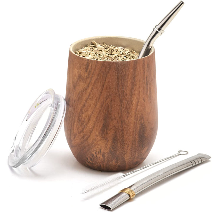 Premium Stainless Steel Yerba Mate Gourd Set, 5 Pcs Including 12 oz Gourd with Lid, 2 Bombillas, Cleaning Brush | BPA Free, Insulated