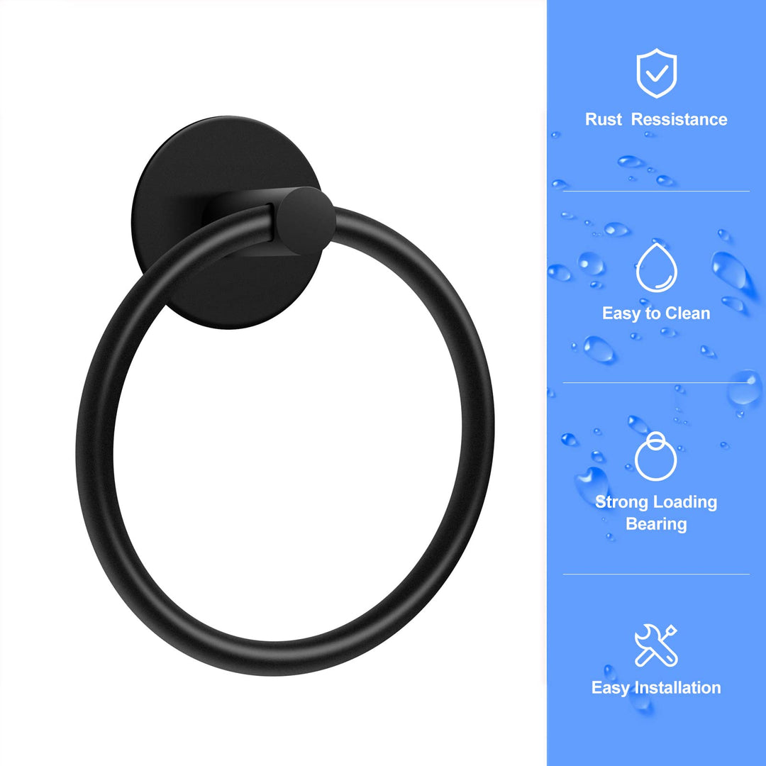 No Drilling Self Adhesive Towel Holder, Stainless Steel Towel Ring, Bathroom and Kitchen Towel Rack (Black)