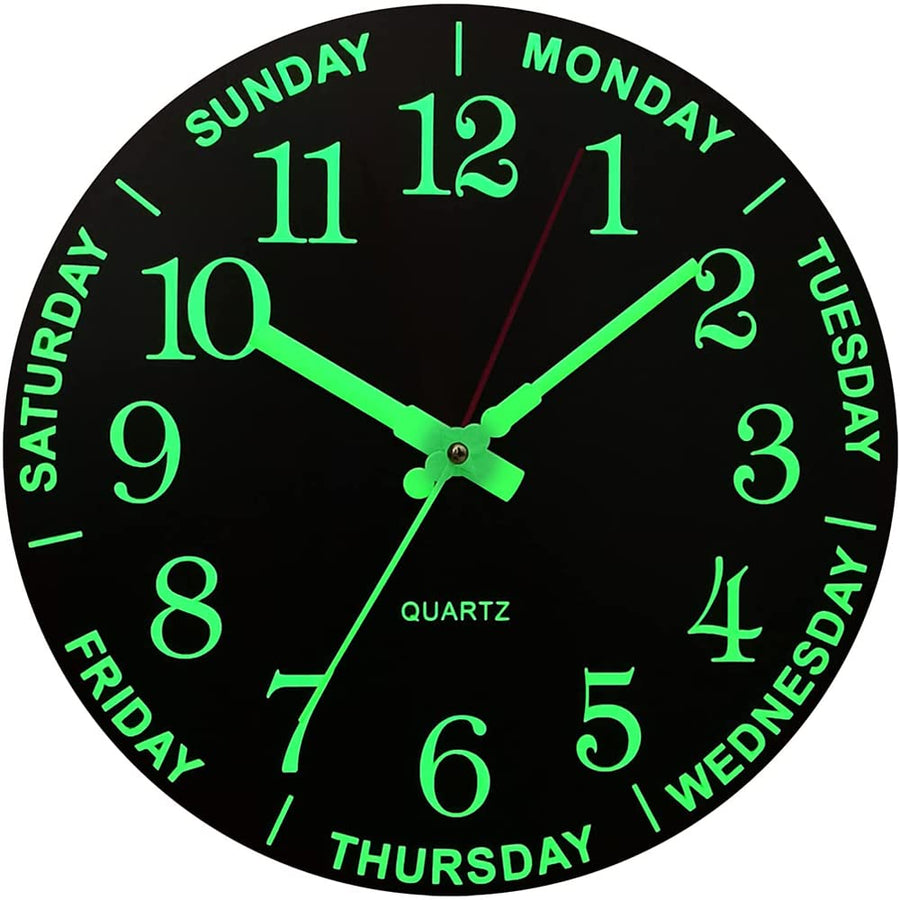 Luminous Wall Clock, 12'Wooden Silent Non-Ticking Glow in The Dark Clock, with Luminous Function Numbers and Hands, Battery Powered Day Week Wall Clock for Bedroom, Living Room, Kitchen