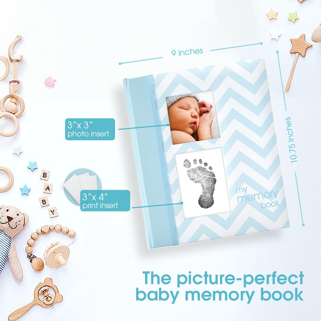 Pearhead Baby Memory Book, First 5 Years Baby Milestone Book, Pregnancy Journal, Holiday Gift, Gender Neutral Newborn Keepsake, With Clean-Touch Ink Pad For Baby's Handprint or Footprint, Blue Chevron