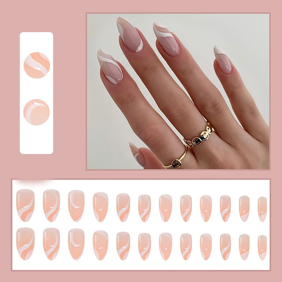 24 Pcs Press on Nails Medium, Fake Nails Almond Glue on Nails, False Nails with Glue, Acrylic Nails for Women and Girls (White Swirl)