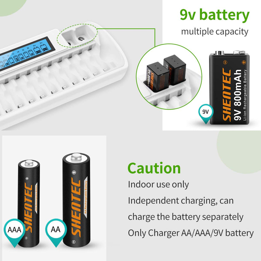 16+2 Bay Smart Rechargeable Battery Charger with LCD Display for AA AAA NiMH Batteries &amp; Li-ion 9V Rechargeable Batteries with AC Wall Adapter (Not Fit for AA AAA Li-ion Batteries)