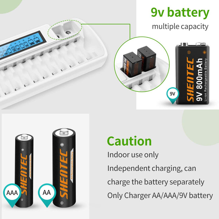 16+2 Bay Smart Rechargeable Battery Charger with LCD Display for AA AAA NiMH Batteries &amp; Li-ion 9V Rechargeable Batteries with AC Wall Adapter (Not Fit for AA AAA Li-ion Batteries)