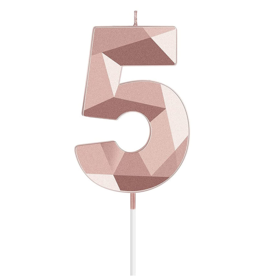 2.76 Inches Birthday Cake Number Candle, 3D Diamond Shape Glitter Numeral Topper Decoration for Wedding Anniversary, Home Baking,Kids and Adults Birthday Party Celebration (Rose Gold, 5)