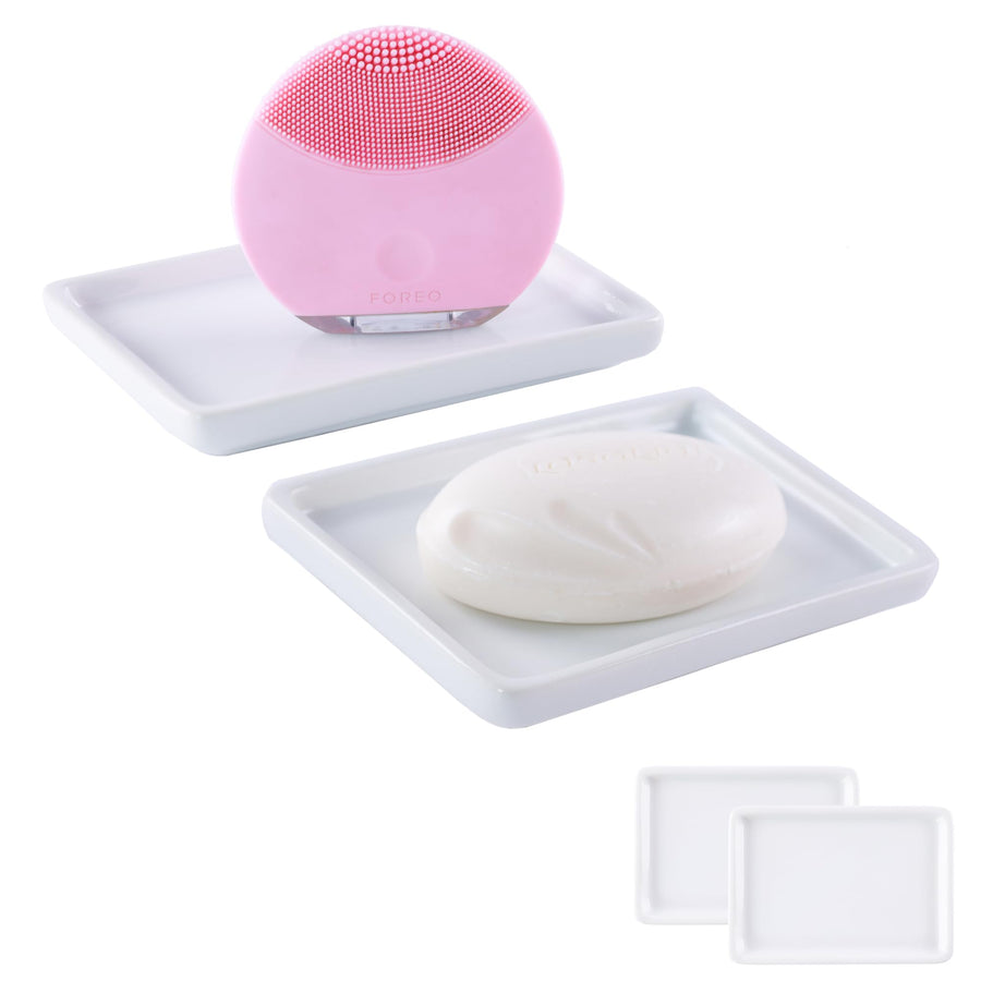 2 PCS Ceramic Soap Tray, Vanity Tray, Bathroom Organizer Countertop for Candle & Jewelry Ring & Perfume & Shampoo, Small Rectangle, Color White