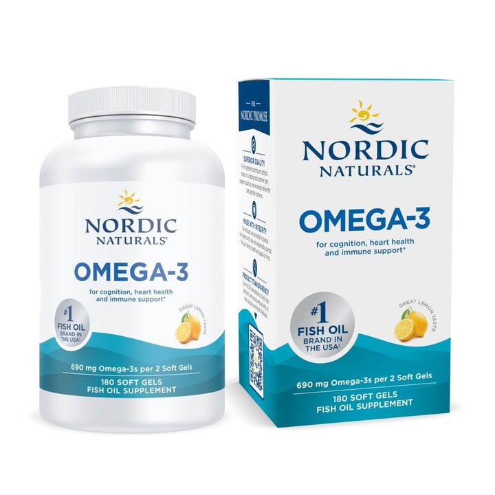 Omega-3, Lemon Flavor - 180 Soft Gels - 690 mg Omega-3 - Fish Oil - EPA &amp; DHA - Immune Support, Brain &amp; Heart Health, Optimal Wellness - Non-GMO - 90 Servings