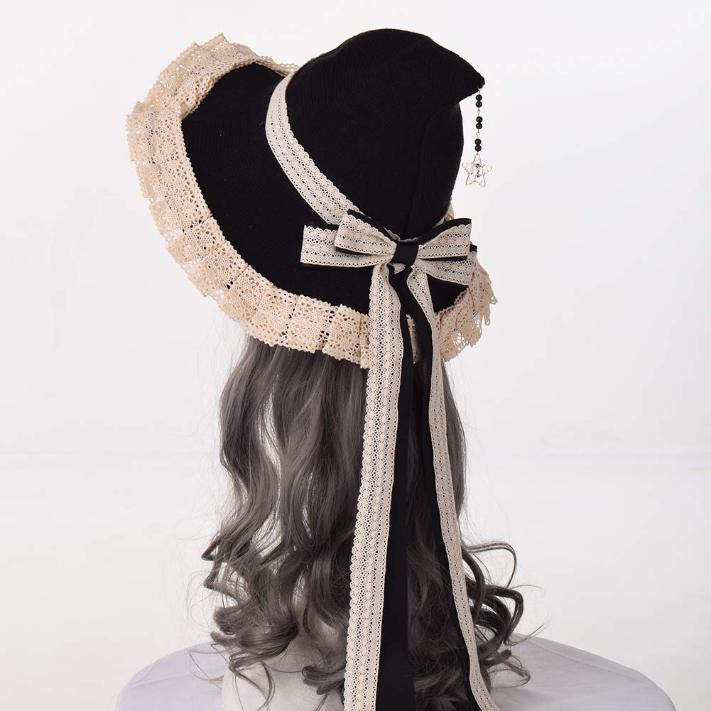 Women Witchs Hat Wool Knit Cap for Halloween Christmas Costume Party (Black beige)