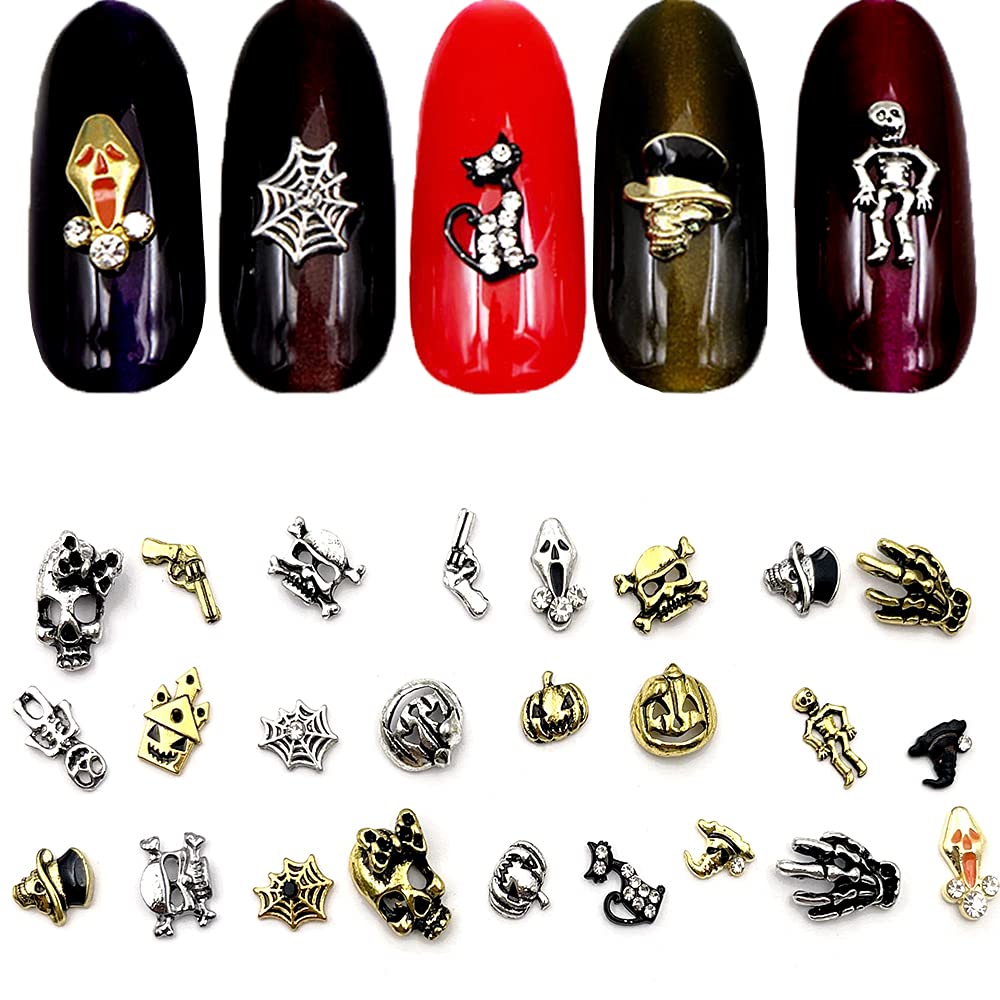 3D Nails Art Halloween Charm Decals Decoration 30Pcs Halloween Theme Element Metal Nail Studs Skull Hand Bone Cat Pumpkin Cobweb Gun Witch Hat etc.Design for DIY Nail Manicure Tips