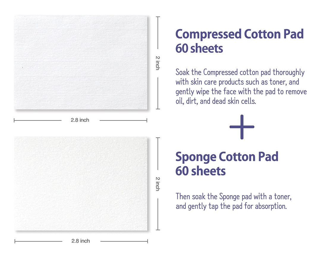 [120EA] Premium 2 in 1 Facial Cleansing Square Cotton Pads - Two Types of Face Wipes Cotton Pads for Toner, Makeup Remover | Compressed 60EA &amp; Sponge 60EA | Made in Korea (1 Pack)