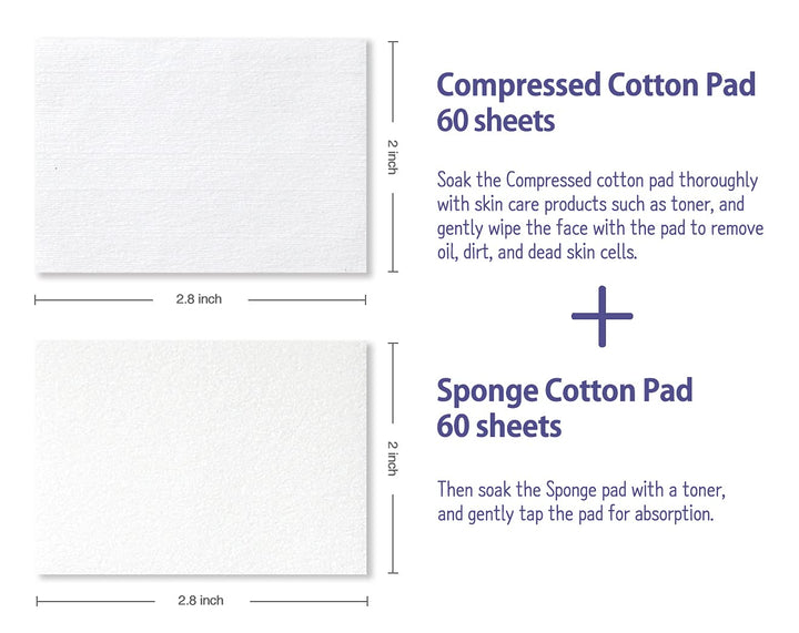 [120EA] Premium 2 in 1 Facial Cleansing Square Cotton Pads - Two Types of Face Wipes Cotton Pads for Toner, Makeup Remover | Compressed 60EA &amp; Sponge 60EA | Made in Korea (1 Pack)
