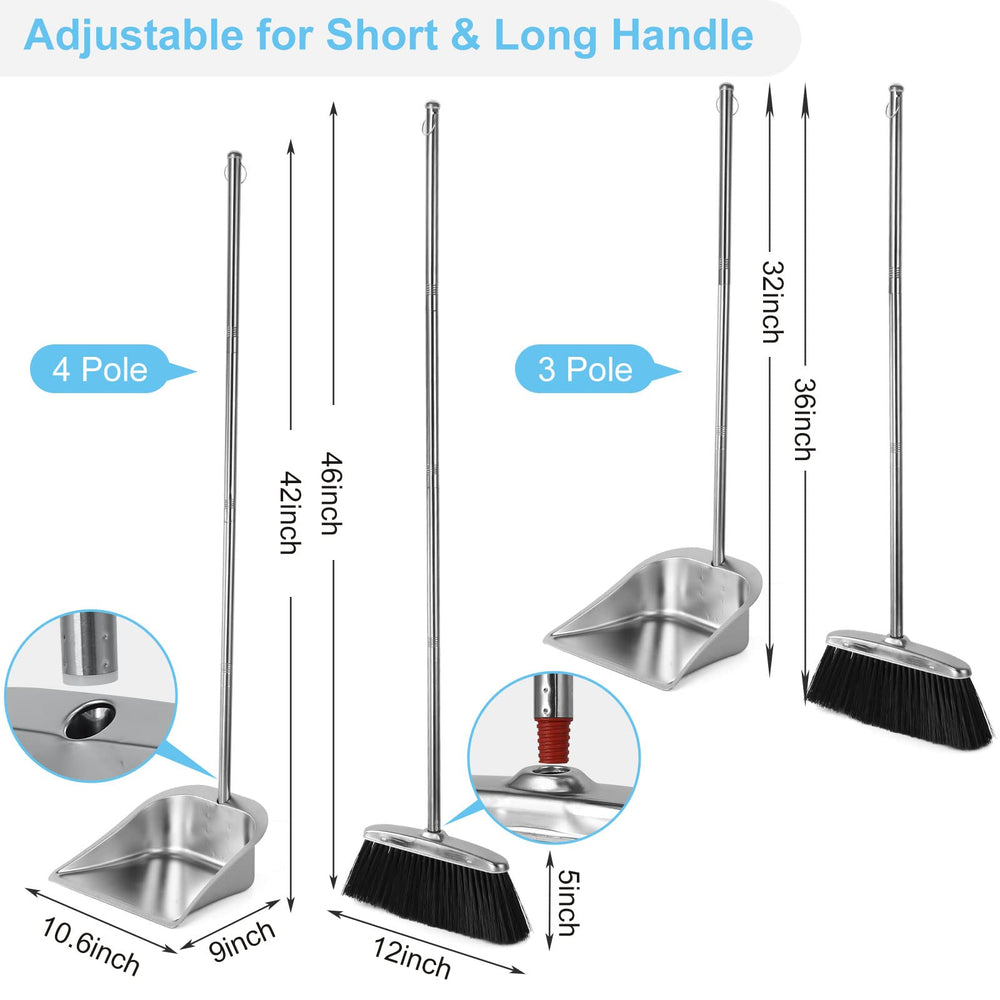 Broom and Dustpan Set for Home, Stainless Steel Broom and Dustpan Set with Long Handle, Heavy Duty Dustpan Broom Set Standing Dust Pan Kitchen and Home Indoor Outdoor Broom