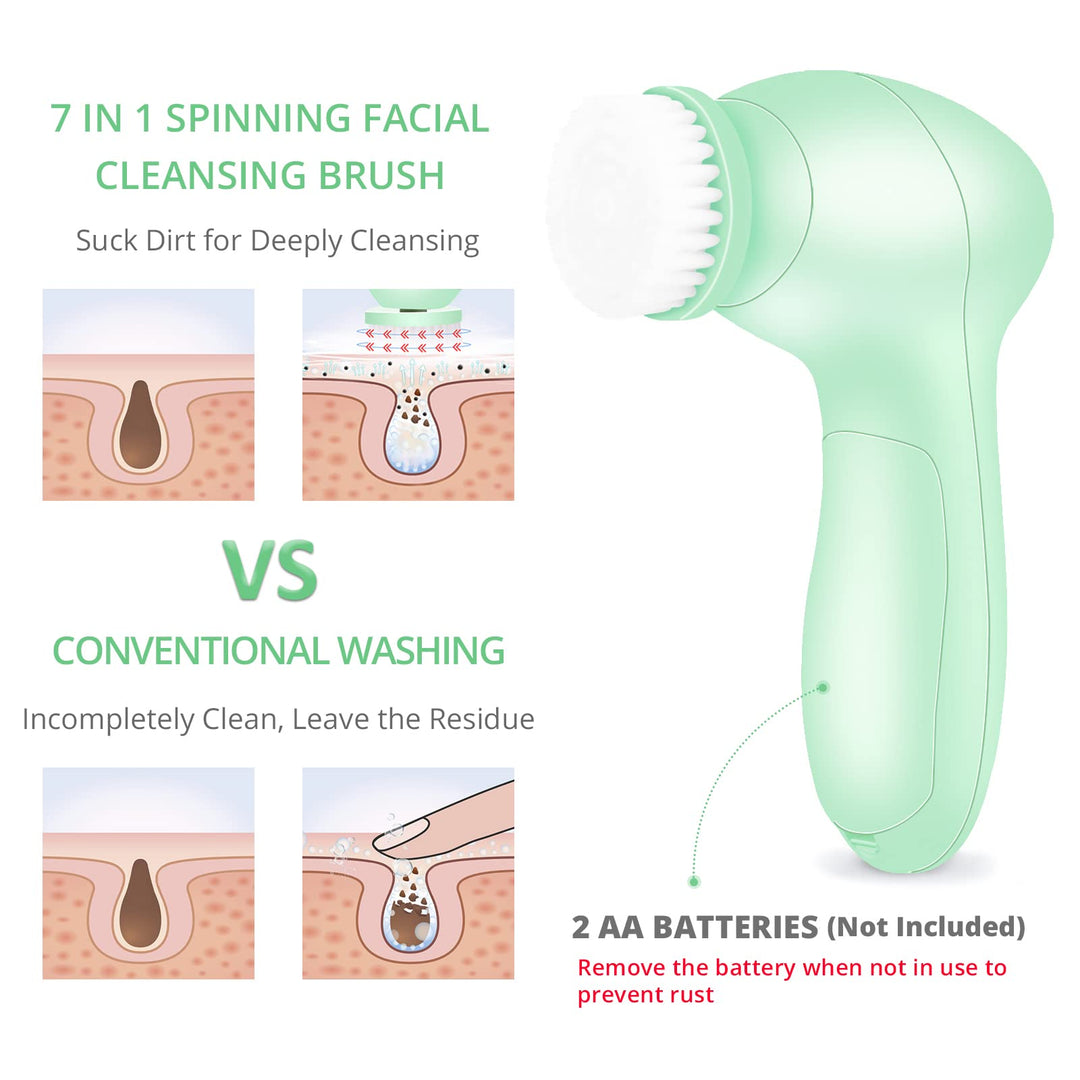 Electric Facial Cleansing Brush 7 in 1 - Face Skin Spin Brush for Deep Cleansing, Gentle Exfoliating, Blackhead Removing and Massaging, Battery Operated Facial Cleanser Brush