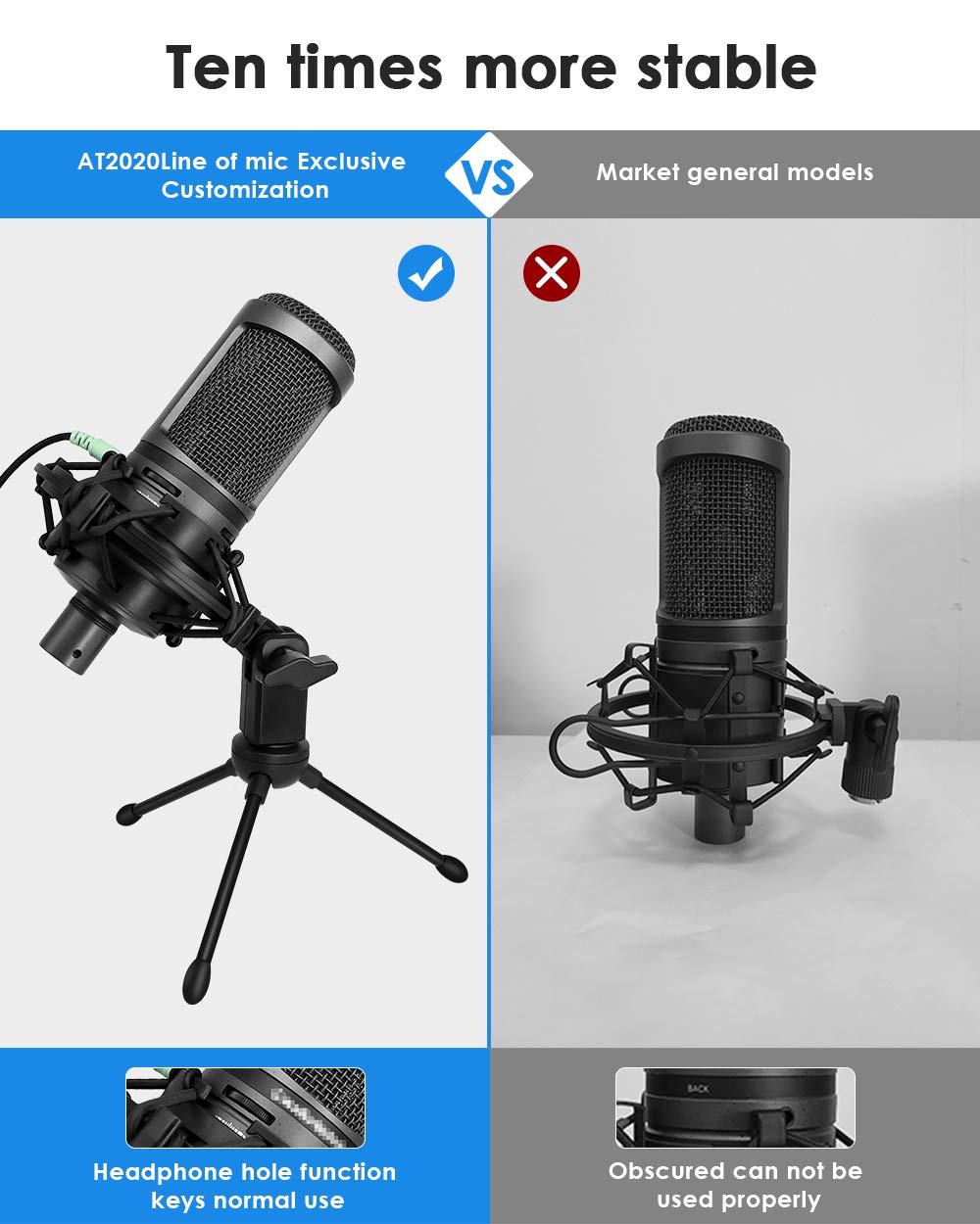 AT2020 Microphone Shock Mount with Pop Filter, [Custom Built for AT2020 Mic] Anti-Vibration Suspension Shock Mount Holder Clip Compatible with audio technica at2020 line Kit