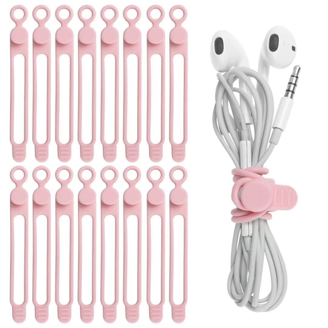 16Pcs Silicone Cable Straps Wire Organizer for Bundling Earphone, Phone Charger, Computer Cords, Reusable Cable Ties Cord Organizer in Home,Office,Kitchen,School(Pink)