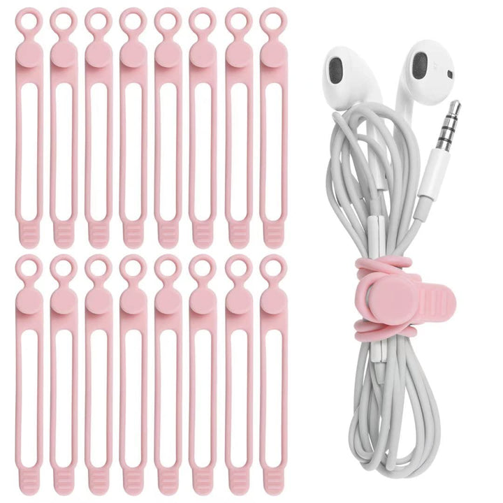 16Pcs Silicone Cable Straps Wire Organizer for Bundling Earphone, Phone Charger, Computer Cords, Reusable Cable Ties Cord Organizer in Home,Office,Kitchen,School(Pink)