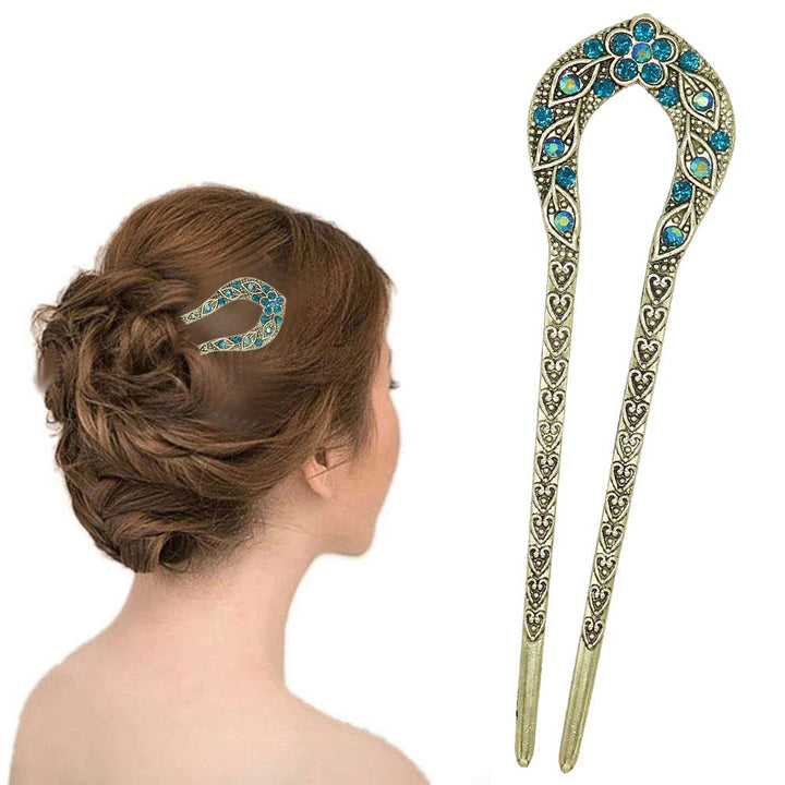 2 Pcs Vintage Hair Stick, Crystal Rhinestone Double Prong Hair Pin Stick Hairstyle Chignon Hairpin