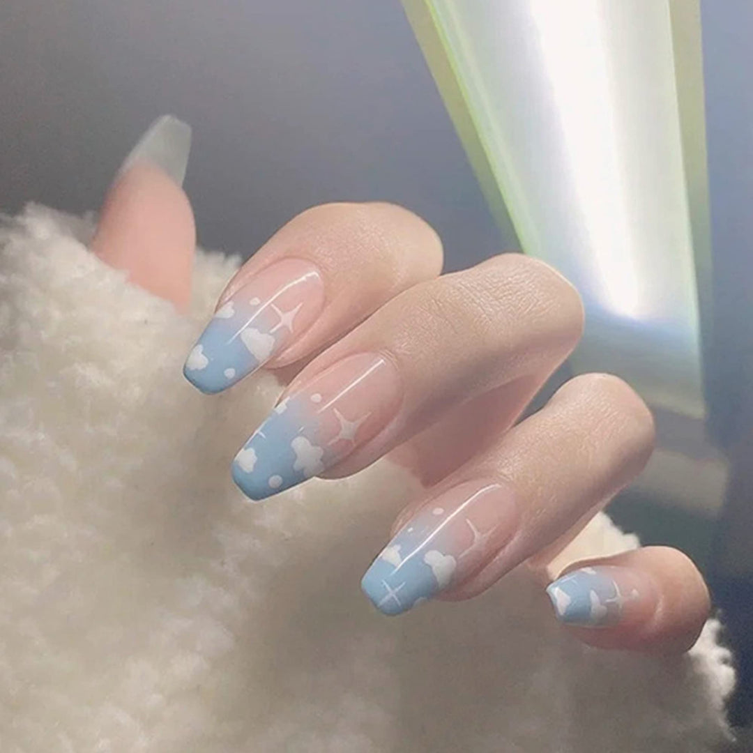 Coffin Press on Nails French Glossy Pink-Blue Cloud Full Cover Medium False Nails for Women Ballerina Nail Art DIY Acrylic Fake Nail Tips Stick on Nails 24Pcs