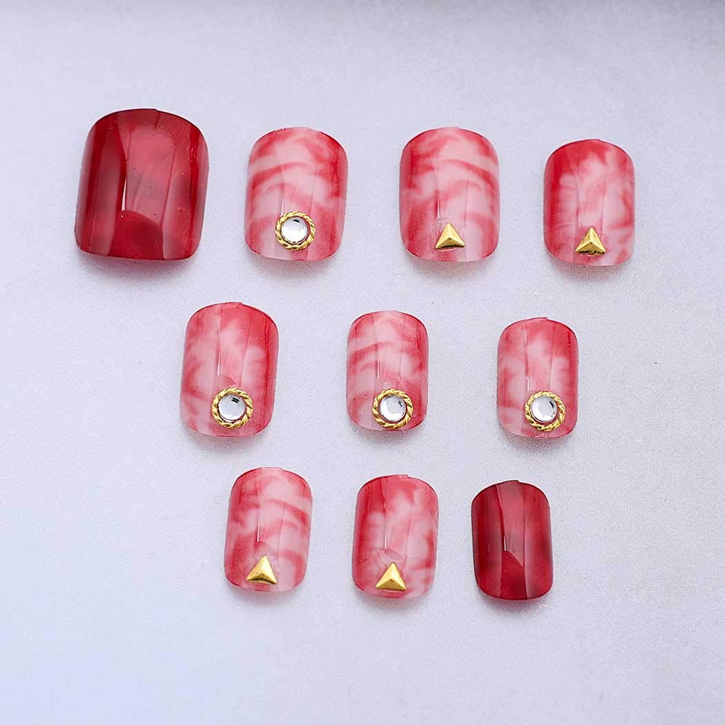 False Nails Bling Rhinestone Pink Marble Full Cover Acrylic Fake Nails Fashion Party Clip on Nails for Women and Girls