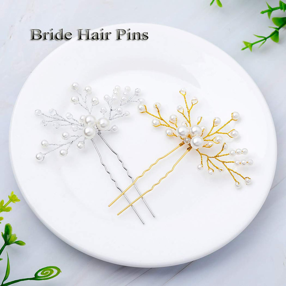Bride Wedding Pearl Hair Pins Girls Bridal Hair Accessories Hair Piece for Women and Girls 2PCS (Silver)
