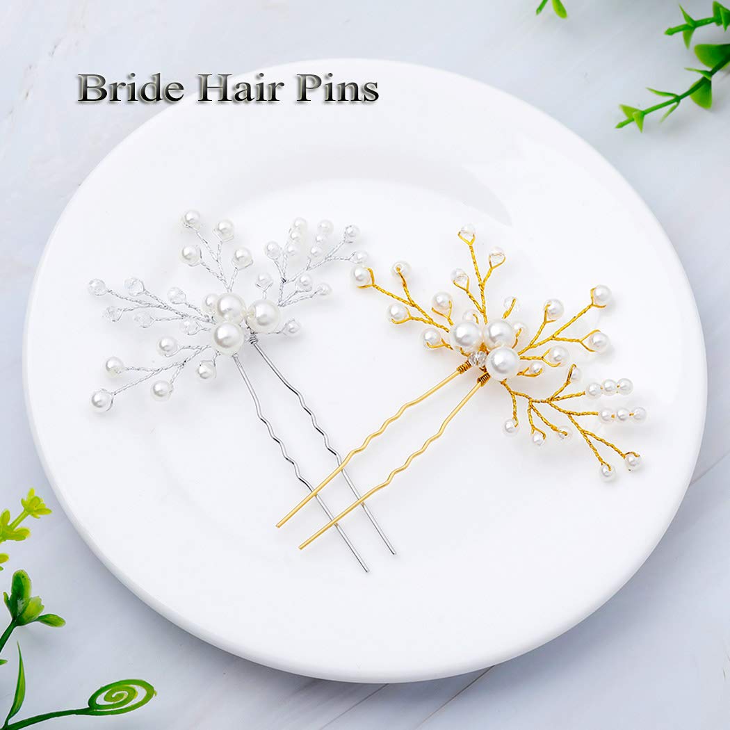 Bride Wedding Pearl Hair Pins Girls Bridal Hair Accessories Hair Piece for Women and Girls 2PCS (Silver)