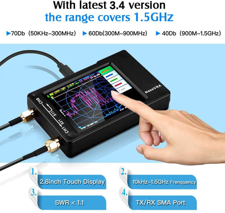 NanoVNA-H REV3.4 Vector Network Analyzer,10KHz -1.5GHz HF VHF UHF Antenna Analyzer Portable VNA with SMA Adapter
