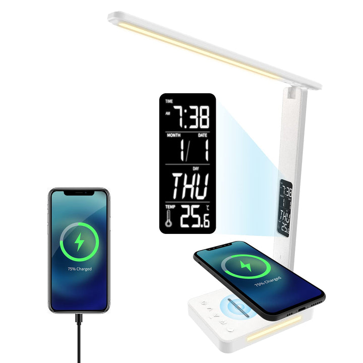 Desk Light, LED Desk Lamp with Wireless Charger Desk Light for Home Office Dimmable Eye-Protecting Desk Light with Night Light Digital Alarm Clock Temperature Black
