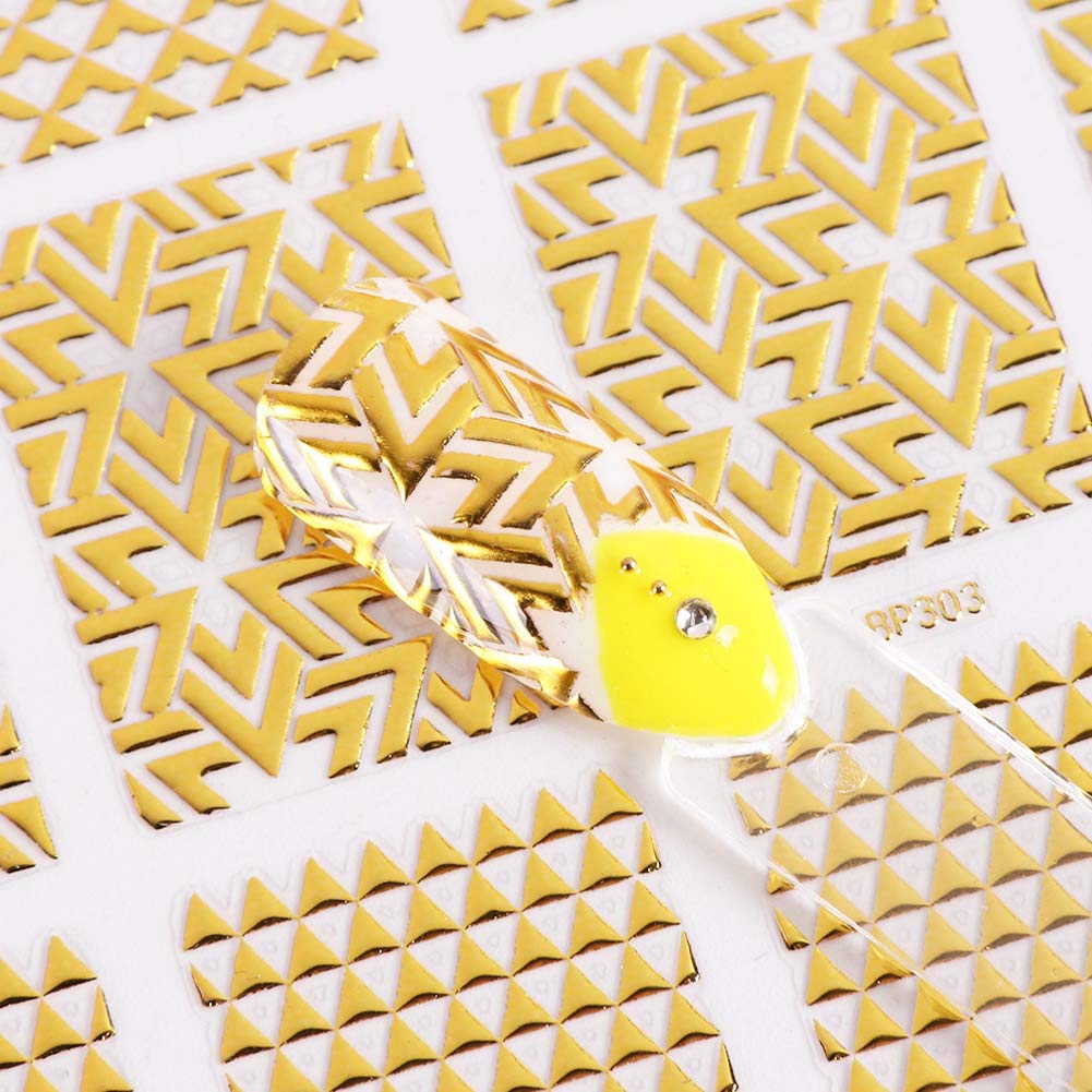 16Sheets 3D Gold Metallic Nail Art Stickers Decals Self-ahesive Geometric Texture Line Mixed Design DIY Decoration Accessories Manicure Tools